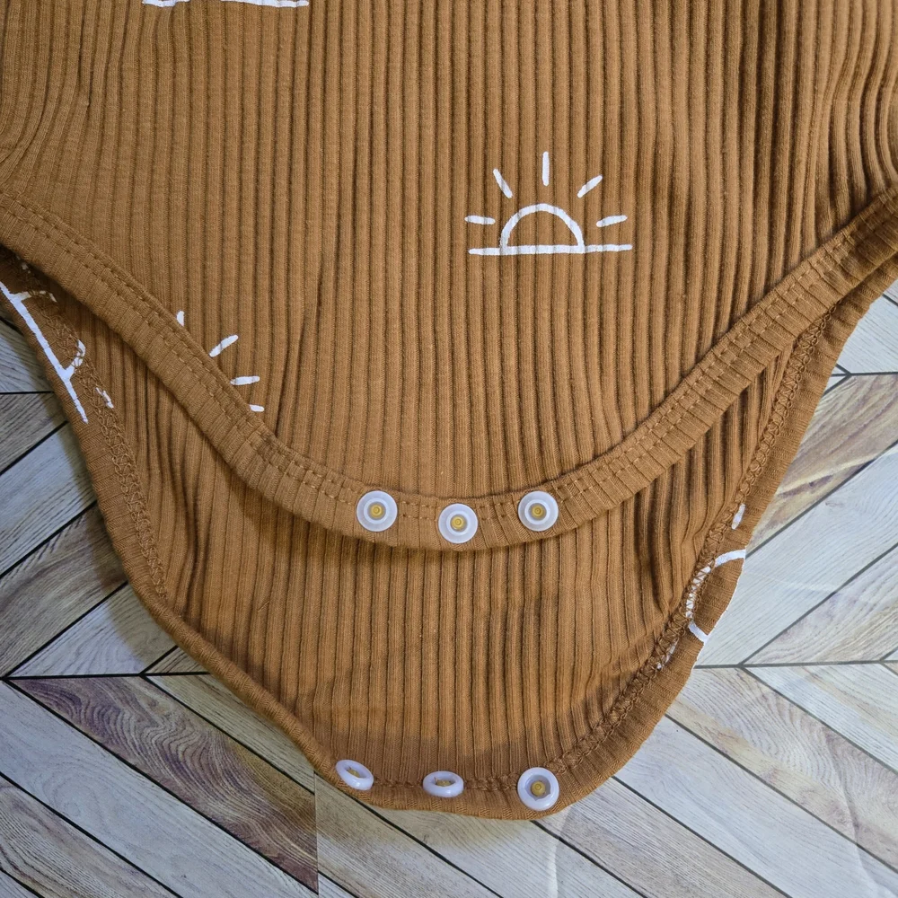 Baby Boy Girl Sun Print Ribbed Long Sleeve Onesie Pants Beanie Lounge Set 12-18M